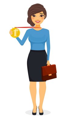 Kız elinde bir altın madalya tutuyor. Kavram, genç bir iş adamı kız. İş hayatında başarı. İş ve finans. Karakter. Beyaz arka planda düz stil. Çizgi film.