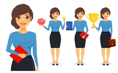 Hazır ol. Tablet bilgisayarı, kupası, kumbarası olan genç bir işadamı kız. İş konsepti. Ofis işleri. İş ve Finans. Beyaz arka planda düz stil. Çizgi film.