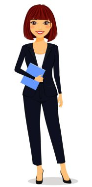 Takım elbiseli, genç ve çekici bir kadın beyaz bir arka planda duruyor. El hareketleriyle. Düz stil. Çizgi film.