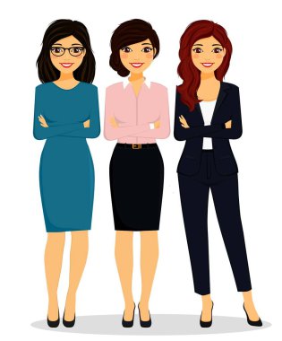 Takım elbiseli çekici genç kızlar beyaz bir arka planda tam gelişim içindeler. Düz stil. Çizgi film