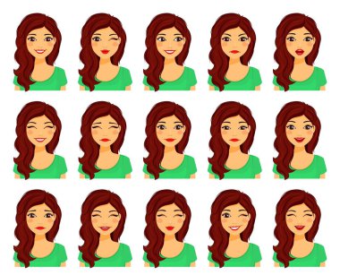 Farklı yüz ifadeleri olan çekici genç bir kadın. Bir dizi duygu. Beyaz arka planda düz stil. Çizgi film.