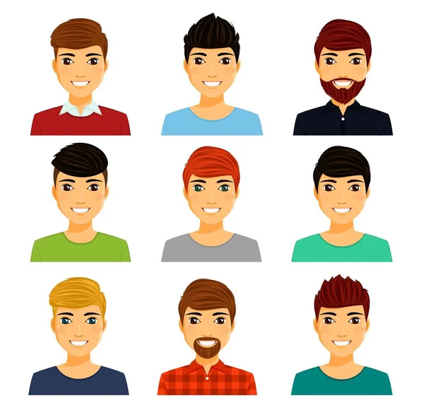 Set Male Avatars Male Faces Portraits Men Collection Characters Flat — Vector de stock