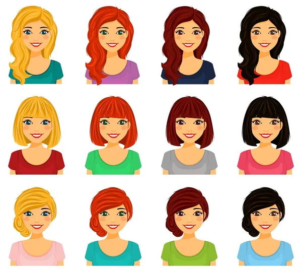 Set Girls Avatars Different Hair Colors Women Faces Women Portraits — Stockový vektor