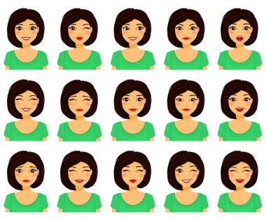 Bir dizi duygu. Farklı yüz ifadeleri. Farklı yüz ifadeleri olan güzel bir kız. Beyaz arka planda düz stil. Çizgi film.