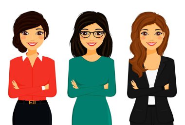 Zarif giyinmiş üç güzel iş kadını. Beyaz arka planda düz stil. Çizgi film.