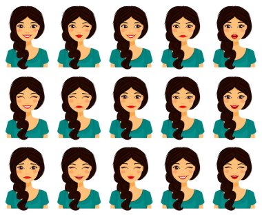 Beyaz arka planda güzel bir genç kadın. El hareketi. Düz stil. çizgi film.