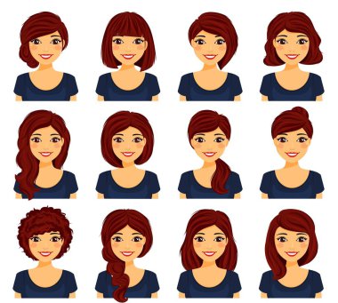 Farklı saç stilleri olan bir grup kız avatarı. Kadın yüzleri. Kadın portreleri. Karakter koleksiyonu. Düz stil. Çizgi film
