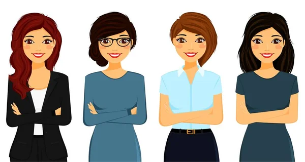 Vier Junge Geschäftsfrauen Bürokleidung Flacher Stil Auf Weißem Hintergrund Karikatur Stockvektor