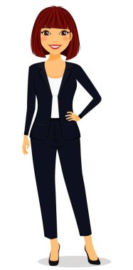 Genç bir kız beyaz bir arka planda duruyor. Düz stil. Çizgi film.