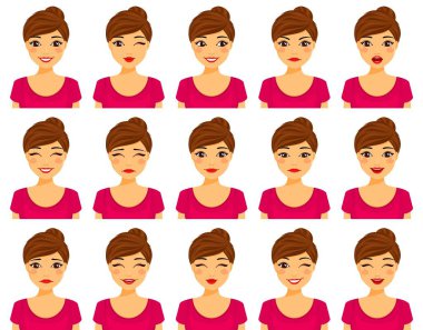 Farklı yüz ifadeleri olan genç bir kadın. Bir dizi duygu. Beyaz arka planda düz stil. Çizgi film.