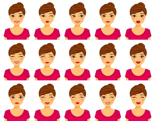 Young Woman Different Facial Expressions Set Emotions Flat Style White Vetores De Stock Royalty-Free