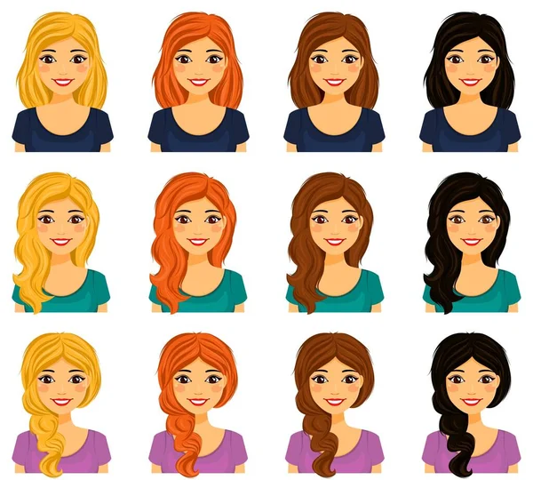 Set Three Girls Different Hair Colors Flat Style White Background Gráficos De Vetores