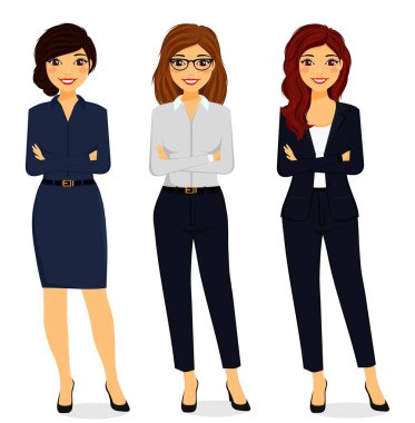 Takım elbiseli üç çekici genç kız, elleri bağlı duruyor. İş, ofis tarzı. Beyaz arka planda düz stil. Çizgi film