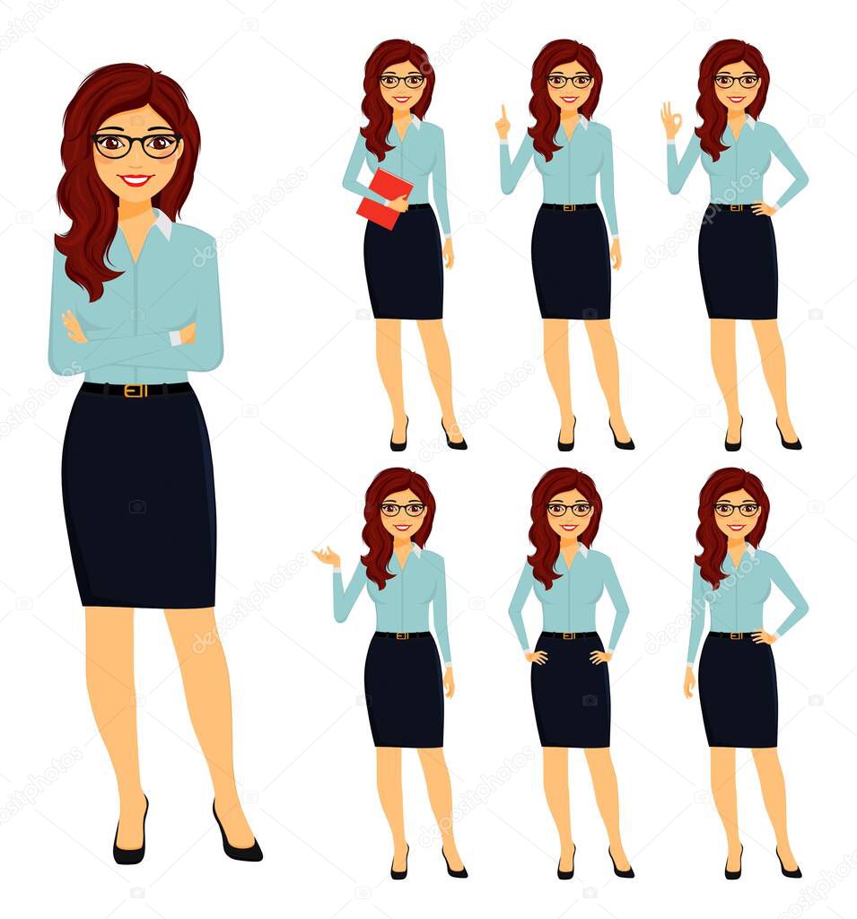 Set. Attractive young woman in office clothes stands in different poses. Different position of the hands. Flat style on a white background. Cartoon.