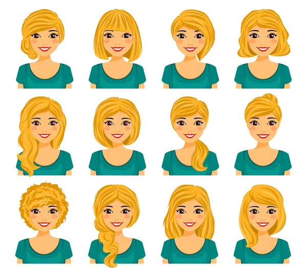 Young Attractive Blonde Women Different Hairstyles Avatar Set Short Long —  Vetores de Stock