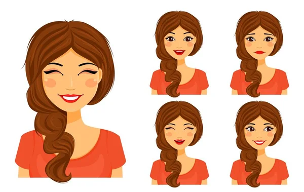 Attractive Young Woman Different Facial Expressions Set Emotions Smile Happiness Royalty Free Stock Vektory