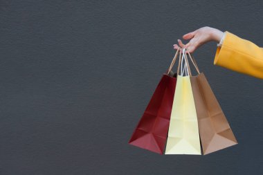 Sarı ceket giymiş bir kadın eli, kağıt alışveriş torbaları tutuyor. Gri arka planda izole edilmiş. Açık hava.