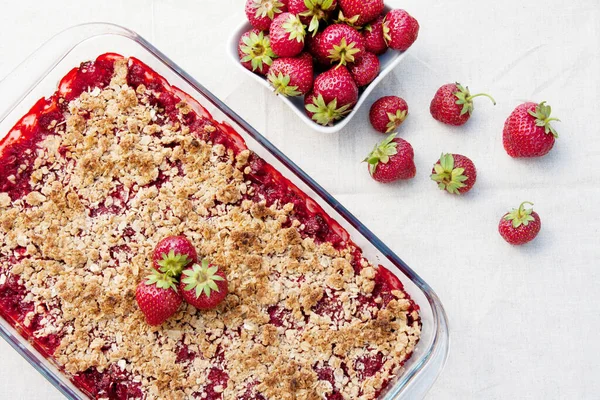 Homemade Strawberry Crumble English Dessert Baked Berries Covered Shortcrust Pastry Stock Photo