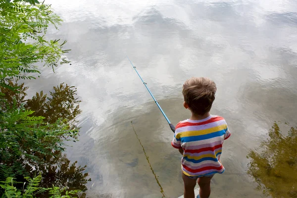 Preschool Child Fishing River Cloudy Summer Day Boy Threw Fishing — Φωτογραφία Αρχείου