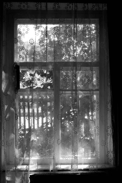 Old Wooden Framed Window Open Window Covered Tulle Curtain Indoors — Zdjęcie stockowe