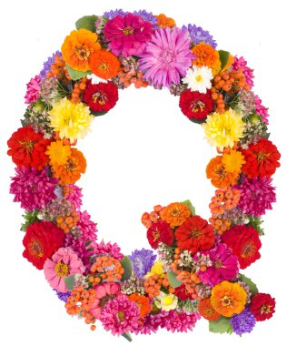 e, üzerinde beyaz izole çiçek alfabesi