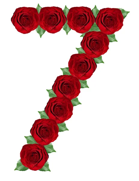Nomor 7 terbuat dari mawar merah dan daun hijau — Stok Foto