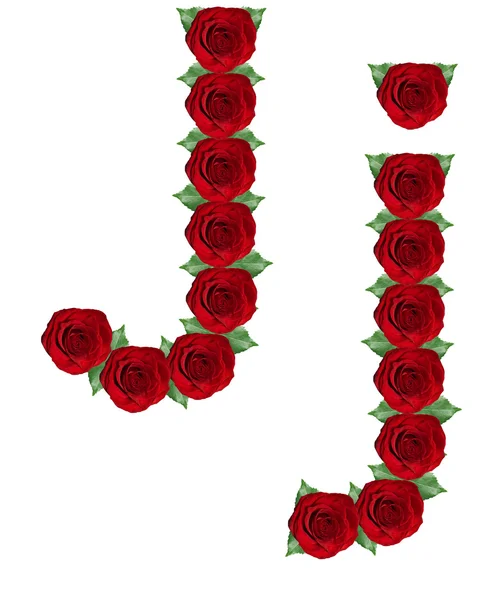 Alphabet made from red roses and green leaves — Stock Photo, Image