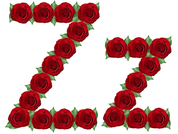 Alphabet made from red roses and green leaves — Stock Photo, Image