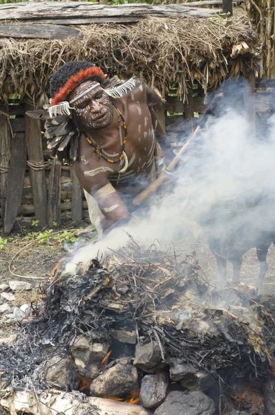Guerrier d'une tribu papoue dans les vêtements traditionnels et la coloration — Photo