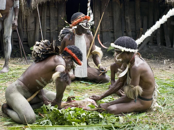 Warriors of a Papuan tribe in traditional clothes and coloring — Stock Photo, Image