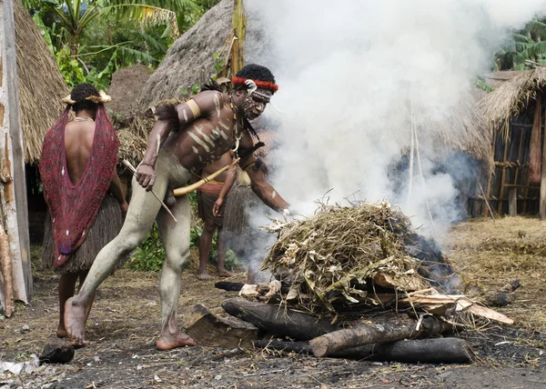 Guerriero di una tribù papuana in abiti tradizionali — Foto Stock