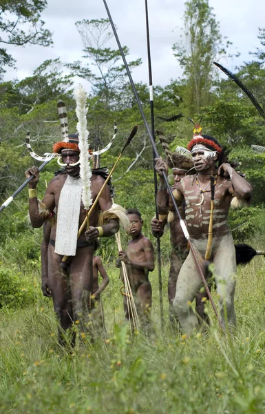 Warriors of a Papuan tribe in traditional clothes — Stock Photo, Image