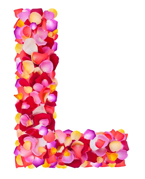 Письмо L из цветных лепестков розы — стоковое фото