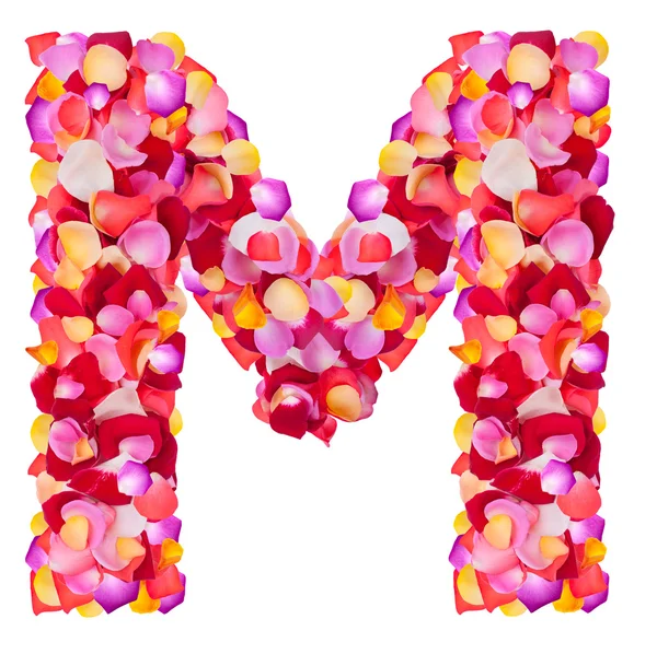 ตัวอักษร M ทําจากกลีบดอกไม้สีสันสดใส — ภาพถ่ายสต็อก
