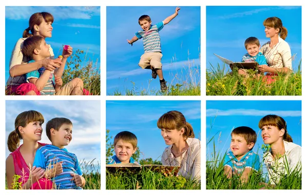 Collage of happy mother and son resting outdoor — Stock Photo, Image