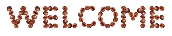 Parola BENVENUTI dai chicchi di caffè — Foto Stock