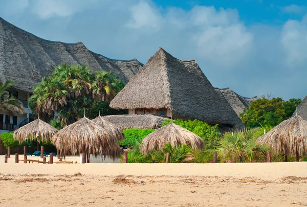 Cottage tradizionale tra palme sulla spiaggia — Foto Stock