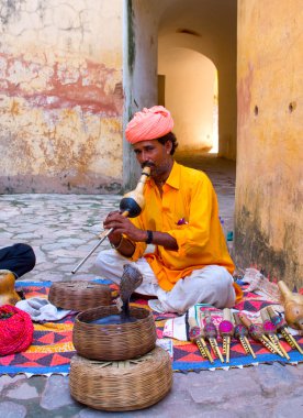 jaipur, Hindistan'ın amber kalede içinde yılan oynatan kimse.
