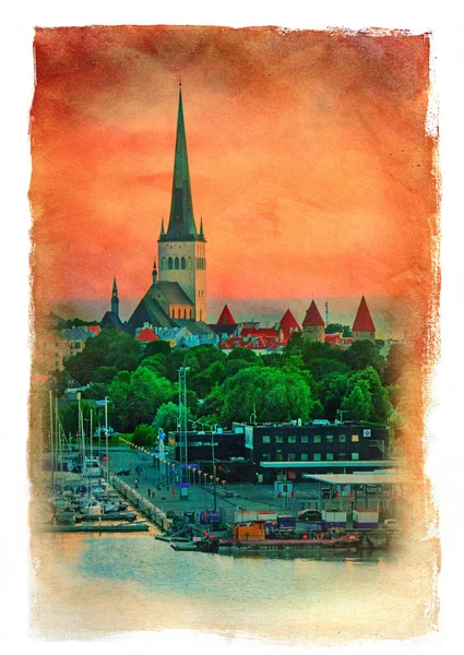 Evening scenic summer view of Tallinn, Estonia. Vintage painting