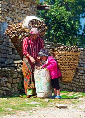 Nepalese woman and daughter with baskets on the road, Nepal. clipart
