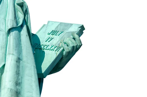 Detail Statue Liberty Blue Sky Книга Датою Незалежності Сша Нью — стокове фото