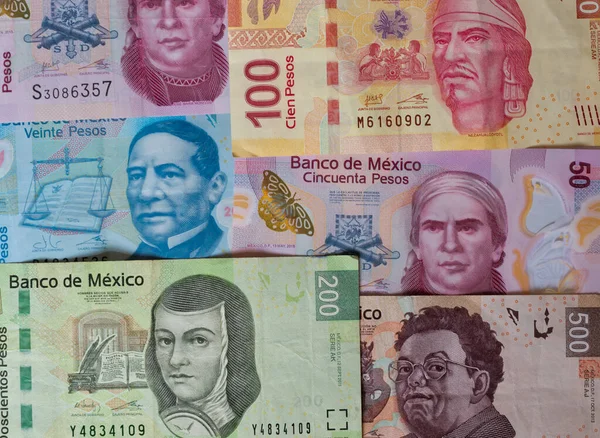 Rachunki Różne Pieniądze Meksykański Ułożone Nad Sobą Tworząc Tło Pieniądze — Zdjęcie stockowe