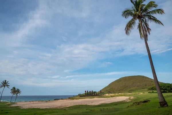 Ahu Nao Nao Moais Statues Anakena Beach Easter Island Rapa — Stock Photo, Image