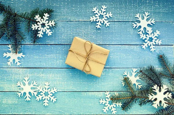 Cadeau Noël Avec Accessoires Noël Sur Table Bois Bleu — Photo