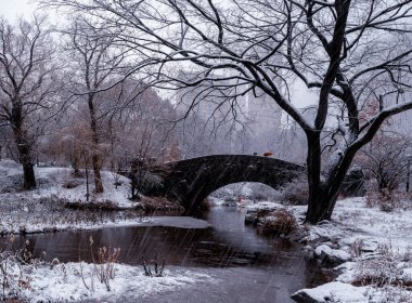 Central Park 'ta kar yağışı. Kış boyunca Gapstow Köprüsü, New York Central Park. ABD.
