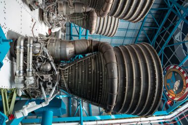 Cape Canaveral, Florida, ABD - Aralık 2021: Merritt Adası, Florida 'daki Kennedy Uzay Merkezi' nde Apollo Saturn V Rocket 'in detayları. ABD