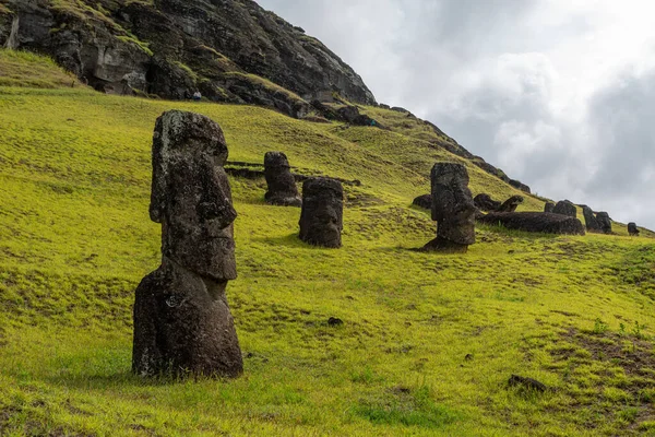 Статуї Моаї Вулкані Рано Рараку Острові Пасхи Національний Парк Рапа — стокове фото