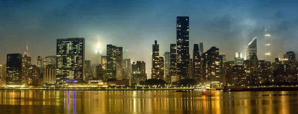 Skyline Manhattan Notte Con Riflessi Vista Panoramica New York Stati — Foto Stock