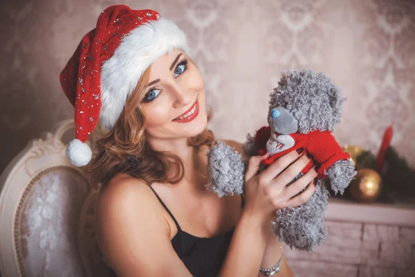 Christmas Woman in Santa Hat — Stock Photo, Image