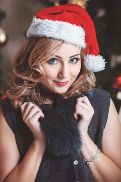 Christmas Woman in Santa Hat — Stock Photo, Image